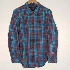 KAVU Men’s L Plaid Flannel Shirt Blue Teal Maroon Long Sleeve Casual Outdoor